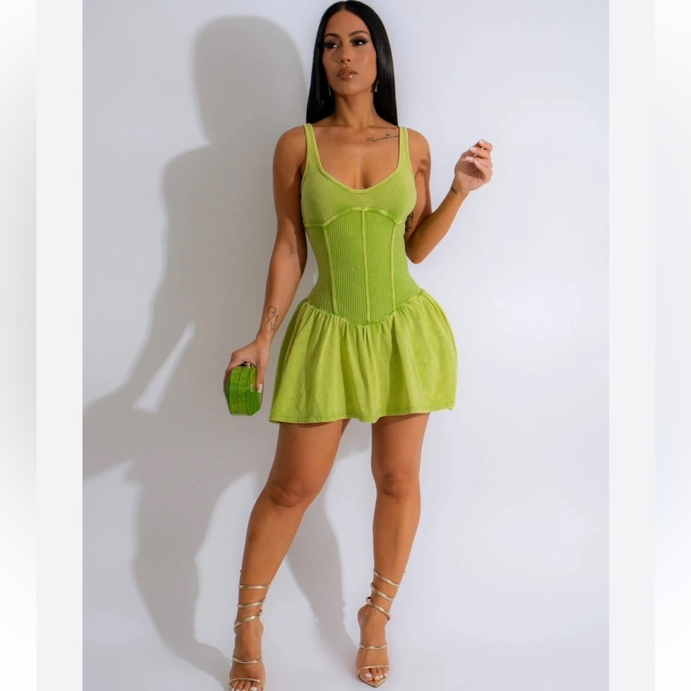 Womens Bijou Mini Skort Ribbed Romper Dress Green Apple
